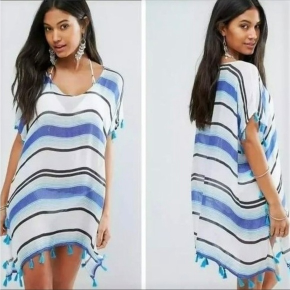 Surf Gypsy Blue Stripe & Orange Tassle Swim Cover-Up Beach Small Kimono - Picture 1 of 10
